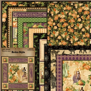 Dettaglio di carta per scrapbooking vintage con motivi floreali e temi incantevoli