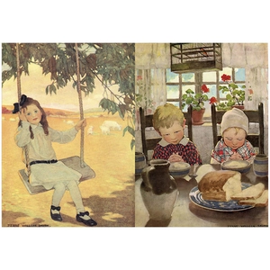 Detail of vintage child illustrations for scrapbooking showing outdoor swing and prayer scenes