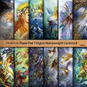 Set of 12 vintage fantasy angel scrapbooking papers with unicorn and forest elf designs