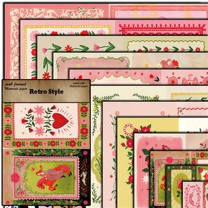 Close-up of vintage collage scrapbook paper with floral and retro art illustrations