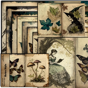 Close-up of vintage junk journal paper with mushroom, butterfly and botanical prints