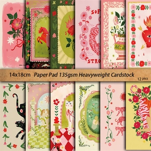 12-pack artistic vintage scrapbooking paper with retro illustrations, 14x18cm 135gsm cardstock