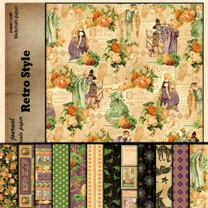 Dettaglio di carta vintage per scrapbooking a tema fiabesco con rose e zucche illustrate