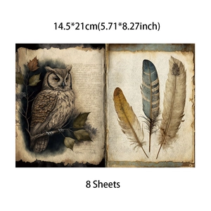 Detailed view of 8 vintage owl and feather scrapbook papers with 14.5x21cm dimensions