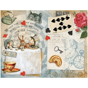 Detailed view of vintage Alice in Wonderland collage paper with classic character motifs