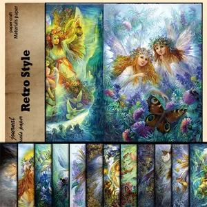 Macro view of retro fantasy angel scrapbook paper with vintage collage art patterns
