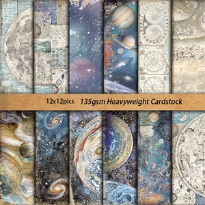 12-pack of vintage blue night sky scrapbook paper with celestial maps and planets