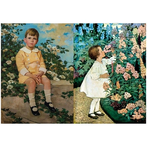 Close-up of vintage Victorian child illustrations on aesthetic scrapbooking paper