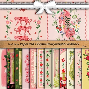 12-piece retro artistic paper pad featuring folk art illustrations and floral patterns