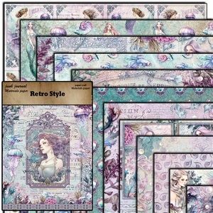 Détail de papier scrapbooking sirène vintage avec motifs océan et étiquettes rétro