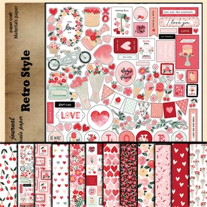 Retro Valentinstag Scrapbook Papier Set mit Herz-, Blumen- und Schreibmaschinenmustern