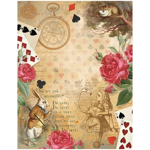 Detail of vintage Alice in Wonderland scrapbook paper featuring White Rabbit and Cheshire Cat
