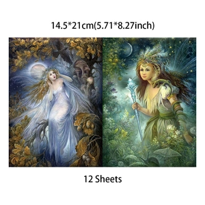 Close-up of vintage angel fantasy scrapbooking paper set with fairy and forest motifs