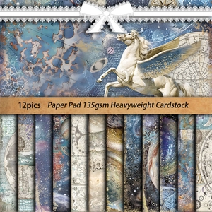 12 sheets of vintage blue starry night scrapbooking paper for DIY collage craft projects