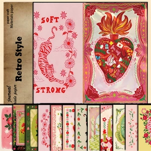 Macro view of retro artistic scrapbook papers featuring tiger and floral vintage illustrations