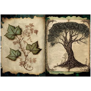 Detailed view of vintage botanical paper featuring green ivy and ancient tree sketches