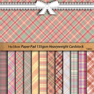 12 sheets of pink vintage plaid scrapbook paper pad with 135gsm heavyweight cardstock