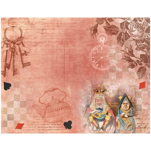 Detailed vintage Alice in Wonderland scrapbook paper with clock and poker card illustrations