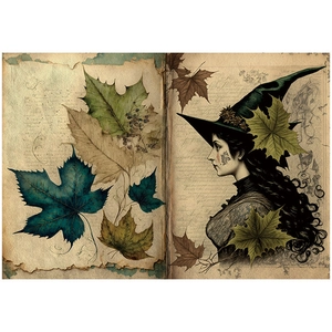 Detail of vintage scrapbooking paper with autumn maple leaves and wizard woman illustration