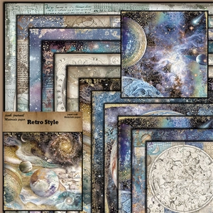 Macro view of vintage galaxy and celestial junk journal paper with starry patterns