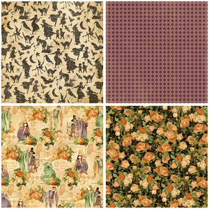 Dettaglio di quattro carte per scrapbooking vintage con motivi di Halloween e fiori