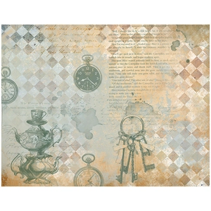 Detailed retro collage paper with vintage pocket watches keys and floral teapot designs