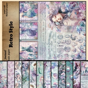 Vue détaillée du papier décoratif rétro sirène avec des motifs océaniques vintage