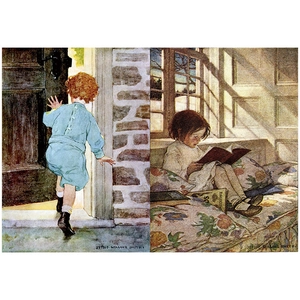 Detail of vintage child illustrations for scrapbooking showing kids reading and walking
