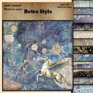 Retro blue celestial scrapbooking paper set with Pegasus star charts and floral patterns