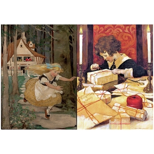 Macro view of vintage children illustrations on decorative scrapbooking paper sheets