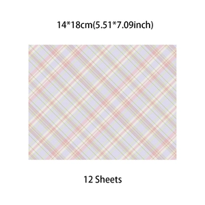 Detailed size chart showing 14x18cm pink plaid scrapbook paper sheets in a 12-piece set