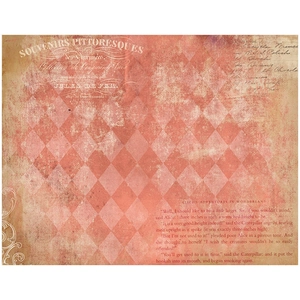 Detail of vintage Alice-themed scrapbook paper with French typography and aged textures