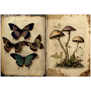 Close-up of vintage butterfly and mushroom illustrations on aged junk journal paper