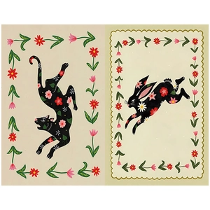 Detailed folk art illustrations of black leopard and rabbit with floral motifs