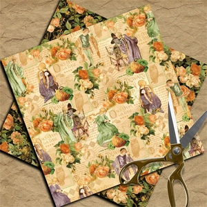 Dettaglio di carta scrapbooking vintage con rose arancioni e motivi di gufi