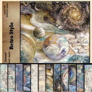 Detail of vintage galaxy themed scrapbooking paper with stars and nebula patterns