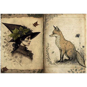 Close-up of vintage collage paper with witch portrait, fox illustration, and old script