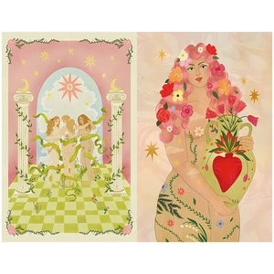 Detailed view of bohemian art collage paper with Greek goddess and floral heart motifs