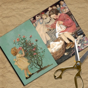 Detail of vintage child illustration scrapbook paper with antique scissors on craft paper