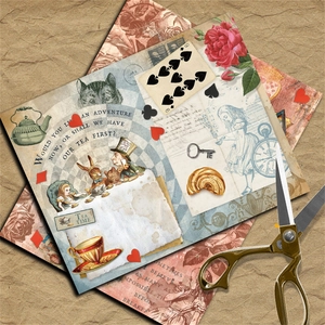 Detail of vintage Alice in Wonderland scrapbook papers with scissors and collage texture
