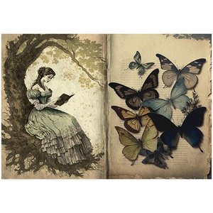 Detail of vintage scrapbook paper featuring Victorian lady reading and butterfly illustrations