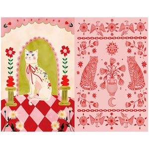 Detail of vintage folk art illustration featuring a cat and symmetrical floral patterns