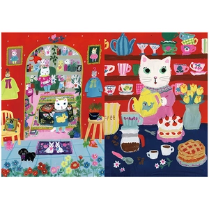Close-up of vintage animal illustration paper featuring cozy cat and coffee scenes