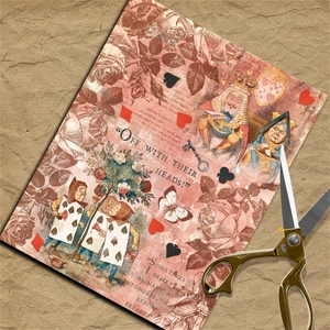 Detail of vintage Alice in Wonderland scrapbook paper with Queen of Hearts collage art
