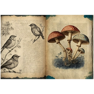 8 sheets of vintage botanical scrapbooking paper with birds and mushrooms illustrations
