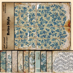 Macro detail of blue floral vintage junk journal paper sheets for DIY scrapbooking crafts