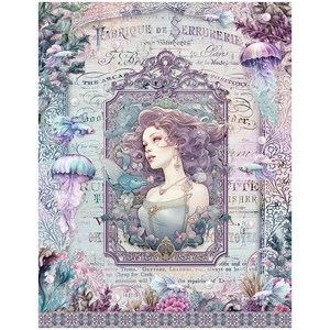 Détail de papier scrapbooking sirène vintage avec femme aux cheveux violets et méduses