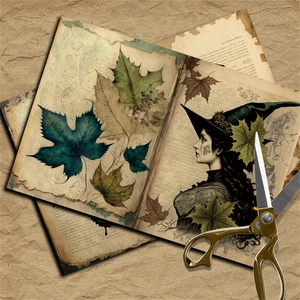 Detail of vintage scrapbook paper featuring autumn maple leaves and a female character illustration