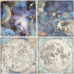Detailed view of vintage blue night sky collage paper with Pegasus and nebula patterns