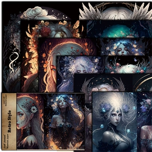 Close-up of vintage dark fantasy junk journal paper with ethereal feminine portraits